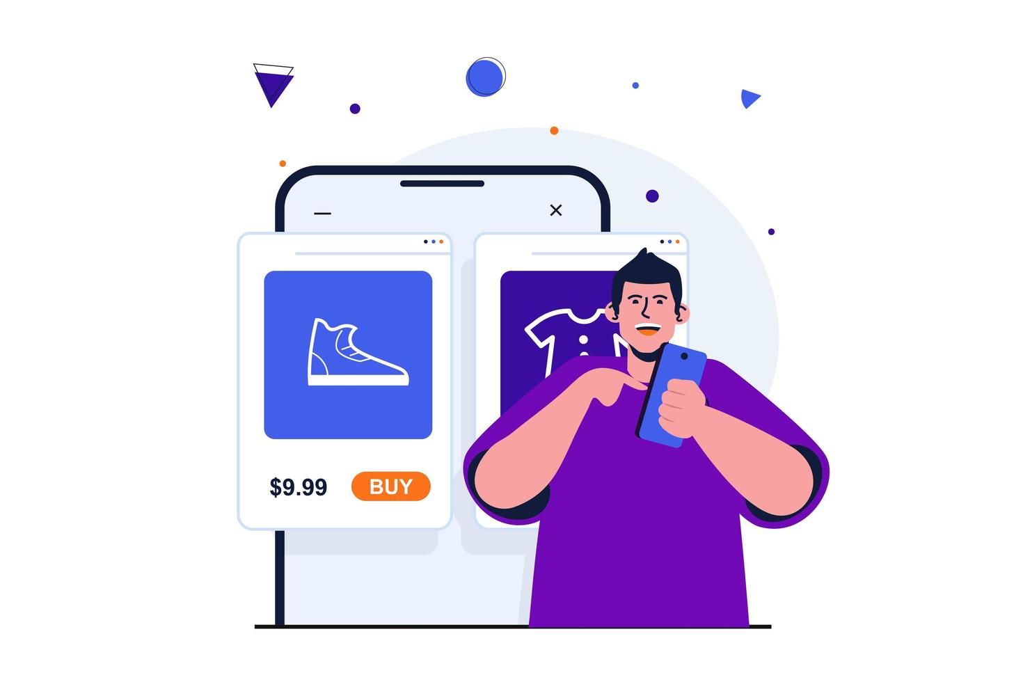 Mobile commerce modern flat concept for web banner design. Customer chooses goods in online store and compares prices, makes purchases in application. Vector illustration with isolated people scene