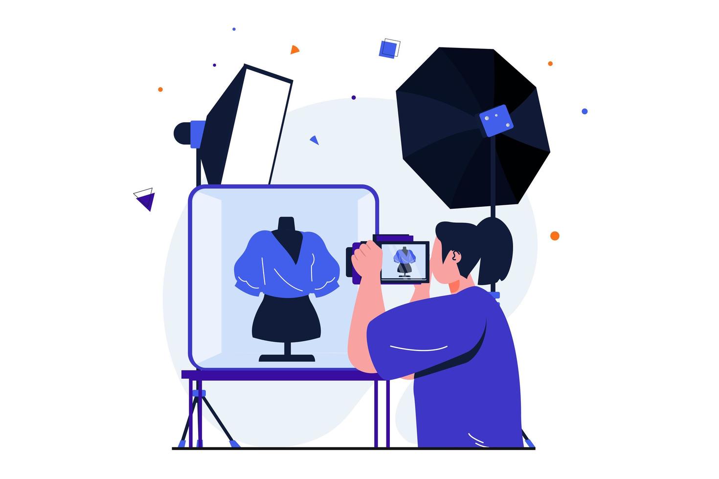 Photo studio modern flat concept for web banner design. Woman doing advertising photoshoot and photographing fashion clothing in studio with spotlights. Vector illustration with isolated people scene