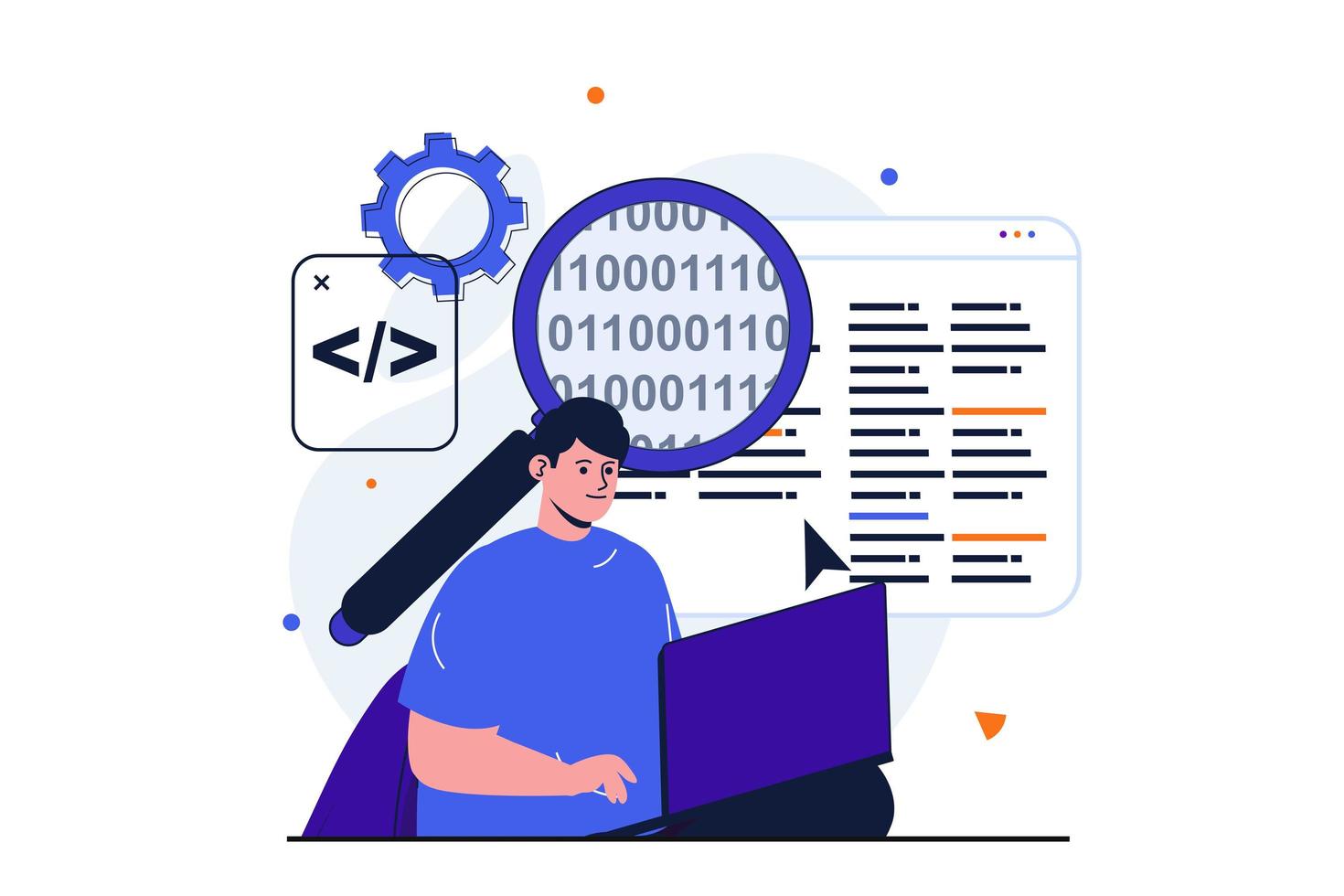 Programmer working modern flat concept for web banner design. Male developer analyzes and optimizes code, configures software and working on laptop. Vector illustration with isolated people scene