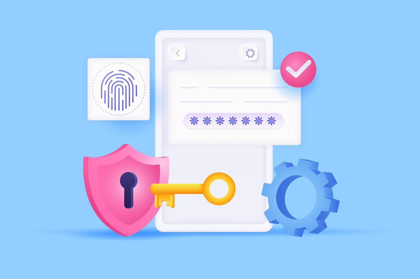 Cyber security at mobile phone concept 3D illustration. Icon composition with password on screen, fingerprint scanner, key and lock in shield, secure access. Vector illustration for modern web design