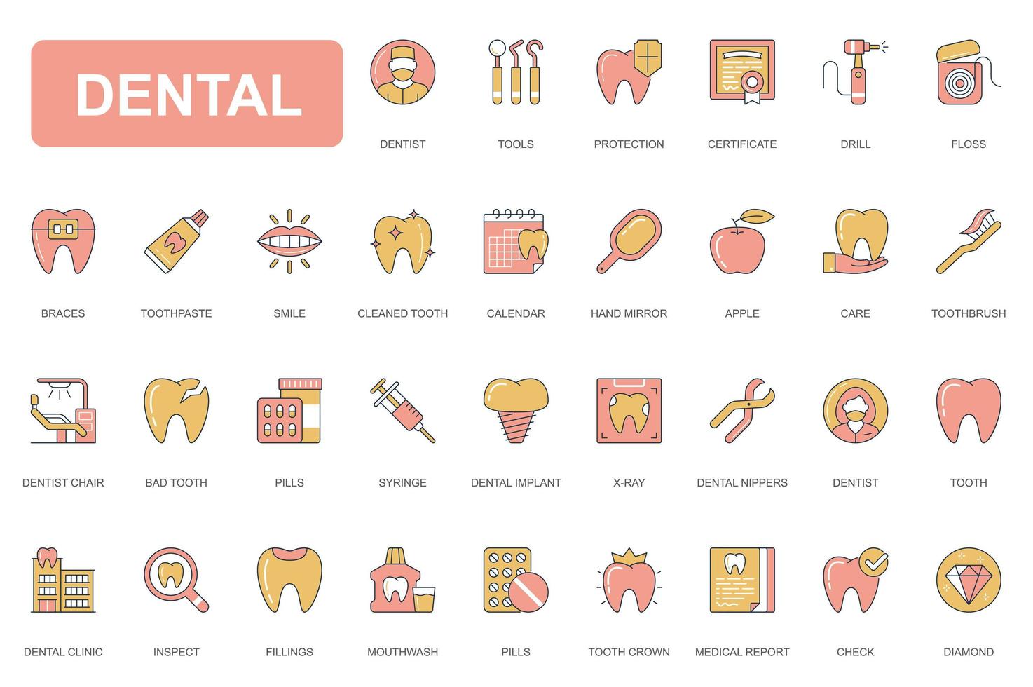 Dental concept simple line icons set. Pack outline pictograms of toothbrush, smile, calendar, mirror, implant, tooth, dentist inspect, care and other. Vector elements for mobile app and web design