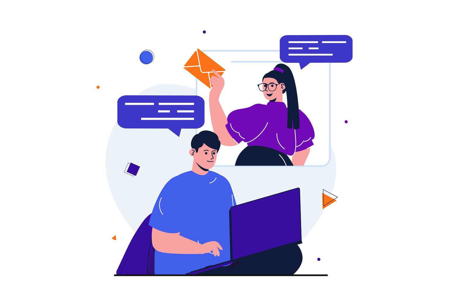 Email service modern flat concept for web banner design. Man and woman communicate online by sending messages to each other or chatting at program. Vector illustration with isolated people scene