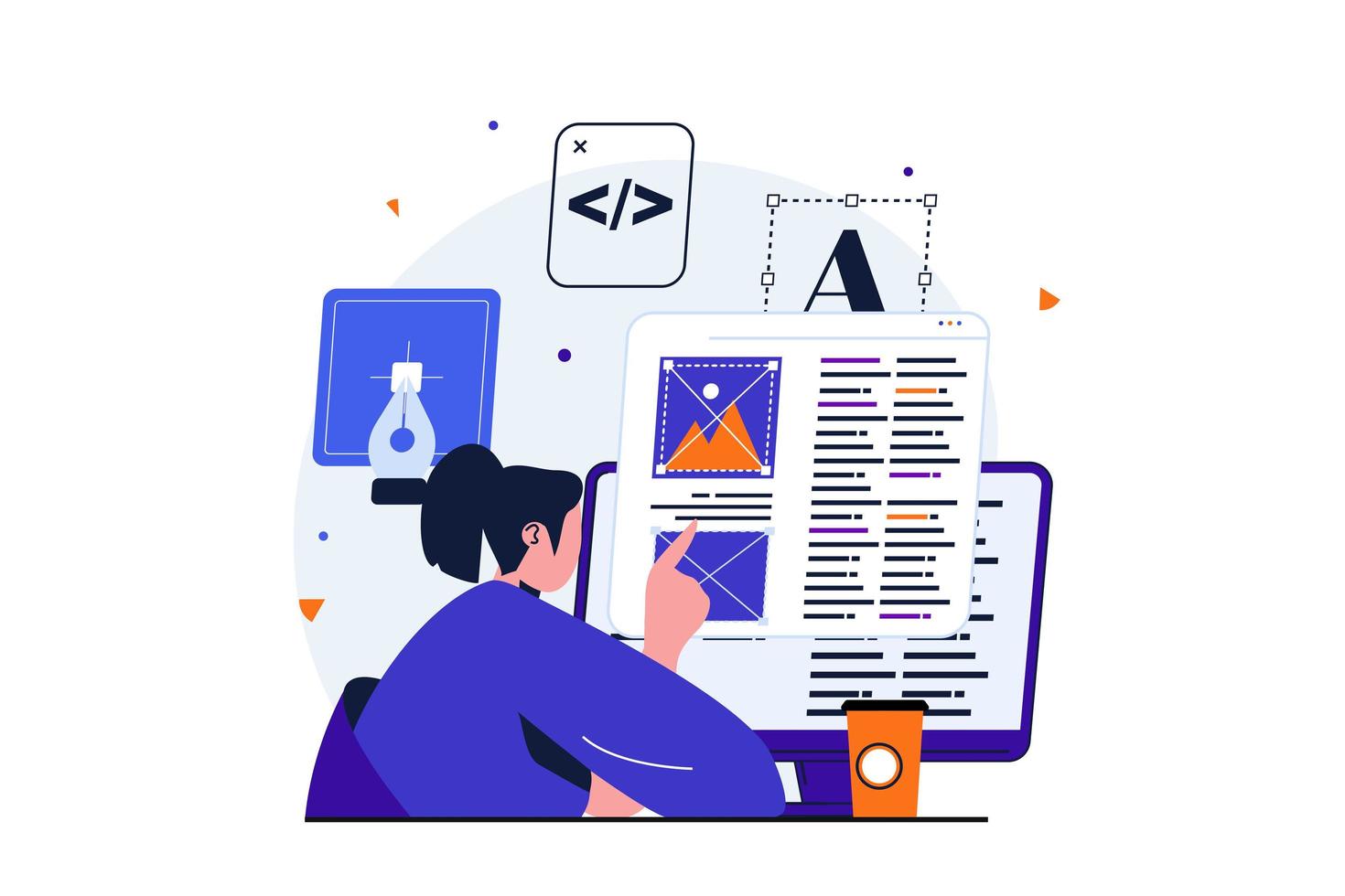 Web designer modern flat concept for web banner design. Woman creates and optimizes code and scripts, places blocks with graphic content on site layout. Vector illustration with isolated people scene