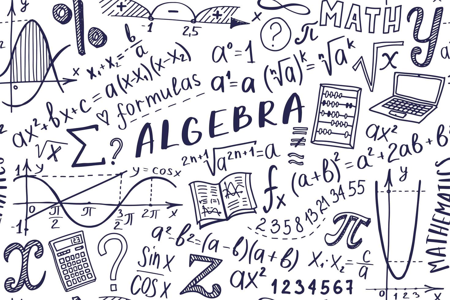 conjunto de iconos de símbolos matemáticos. diseño de garabatos de álgebra o matemáticas. concepto de educación y estudio. fondo de regreso a la escuela para cuaderno, no bloc, cuaderno de bocetos. ilustración dibujada a mano. vector