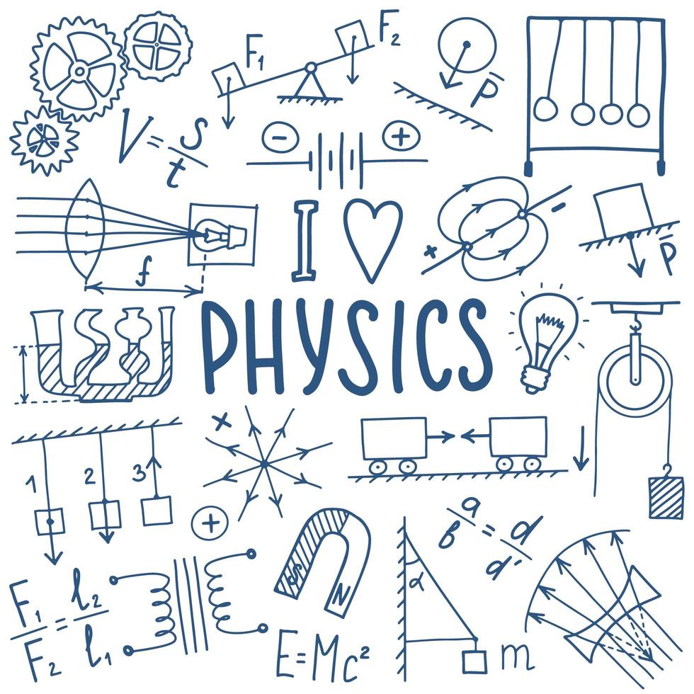 Phisics symbols icon set. Science subject doodle design. Education and study concept. Back to school sketchy background for notebook, not pad, sketchbook. vector