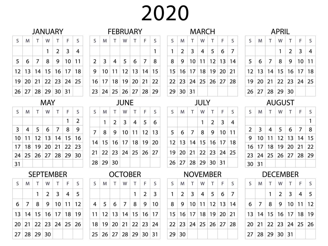 Simple calendar Layout for 2020. Vector