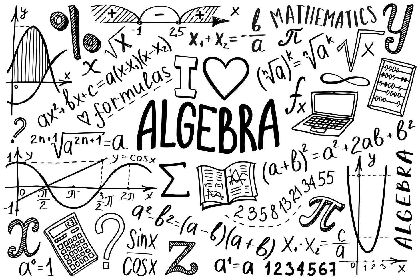 conjunto de iconos de símbolos matemáticos. diseño de garabatos de álgebra o matemáticas. concepto de educación y estudio. fondo de regreso a la escuela para cuaderno, no bloc, cuaderno de bocetos. ilustración dibujada a mano. vector