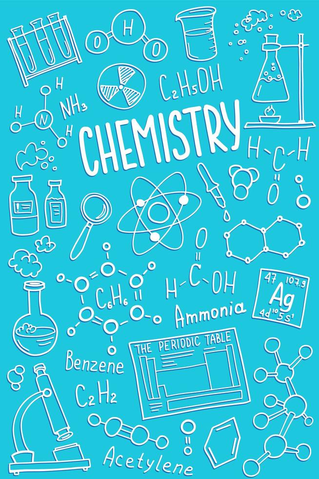 conjunto de iconos de símbolos de química. diseño de garabatos de asignaturas científicas. concepto de educación y estudio. fondo incompleto de regreso a la escuela para cuaderno, no almohadilla, cuaderno de bocetos. vector