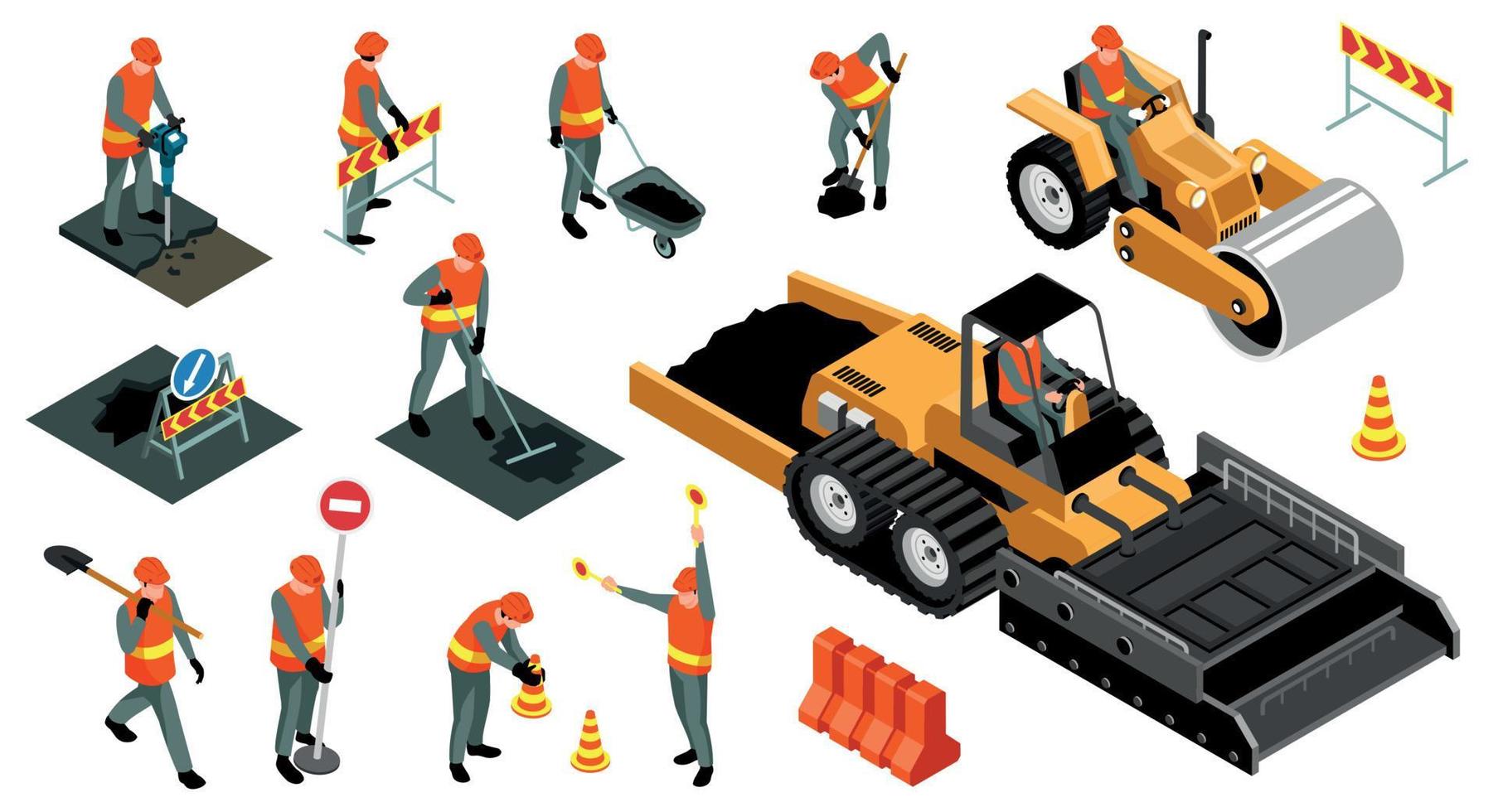 conjunto de reparación de carreteras isométricas vector