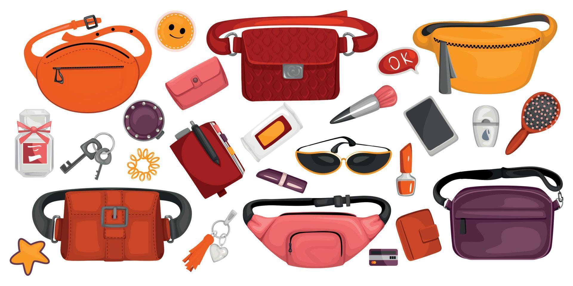 Trendy Waist Bags And Their Contents vector