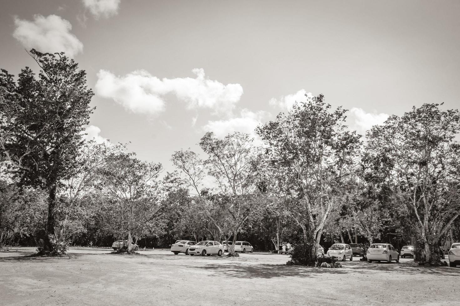 Parking lot with cars jungle to Kaan Luum lagoon Mexico. photo