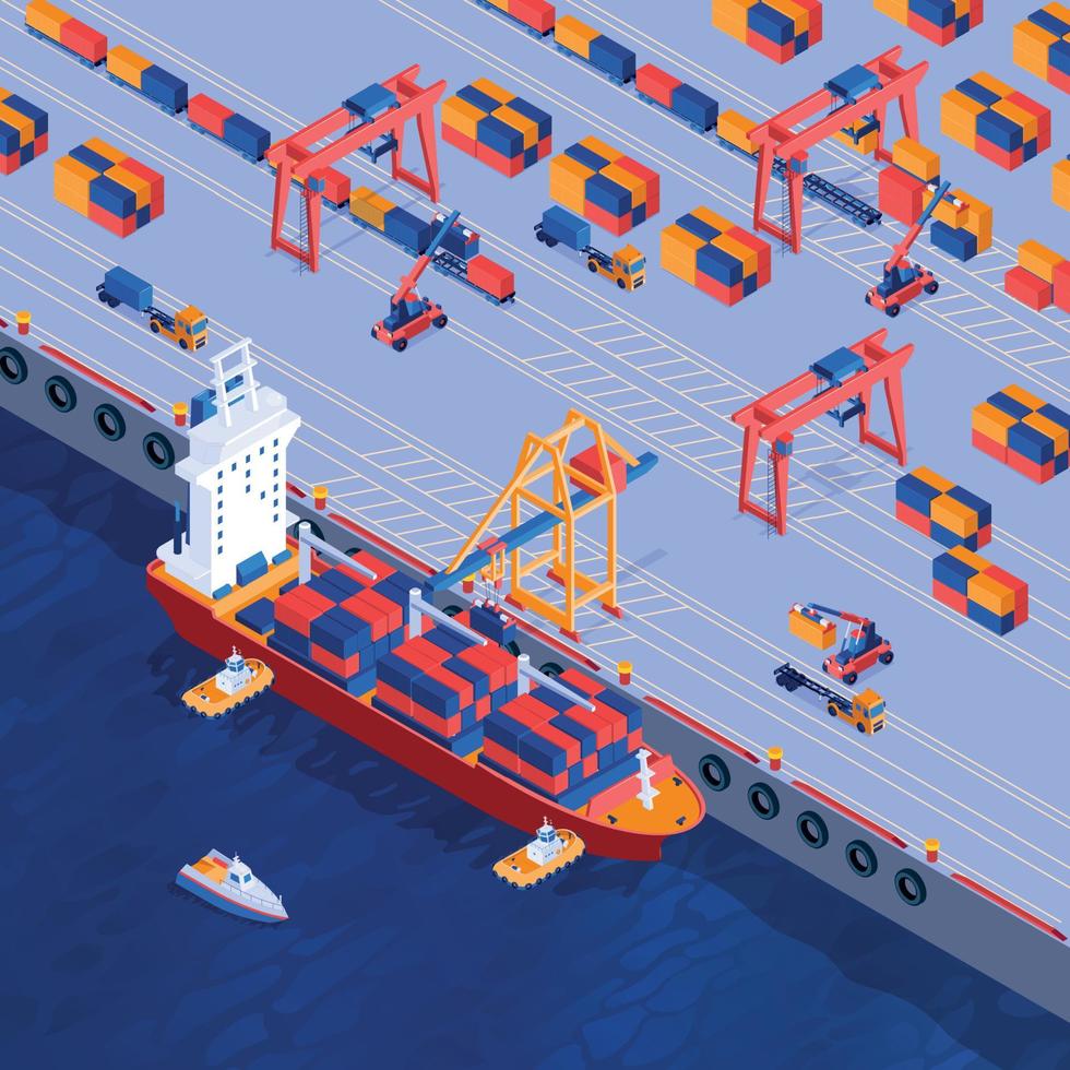 Sea Container Terminal Isometric background vector