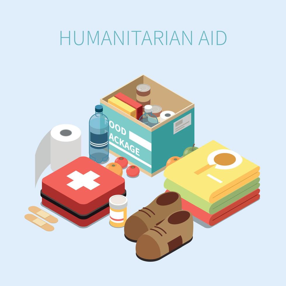 cartel isométrico de ayuda humanitaria vector