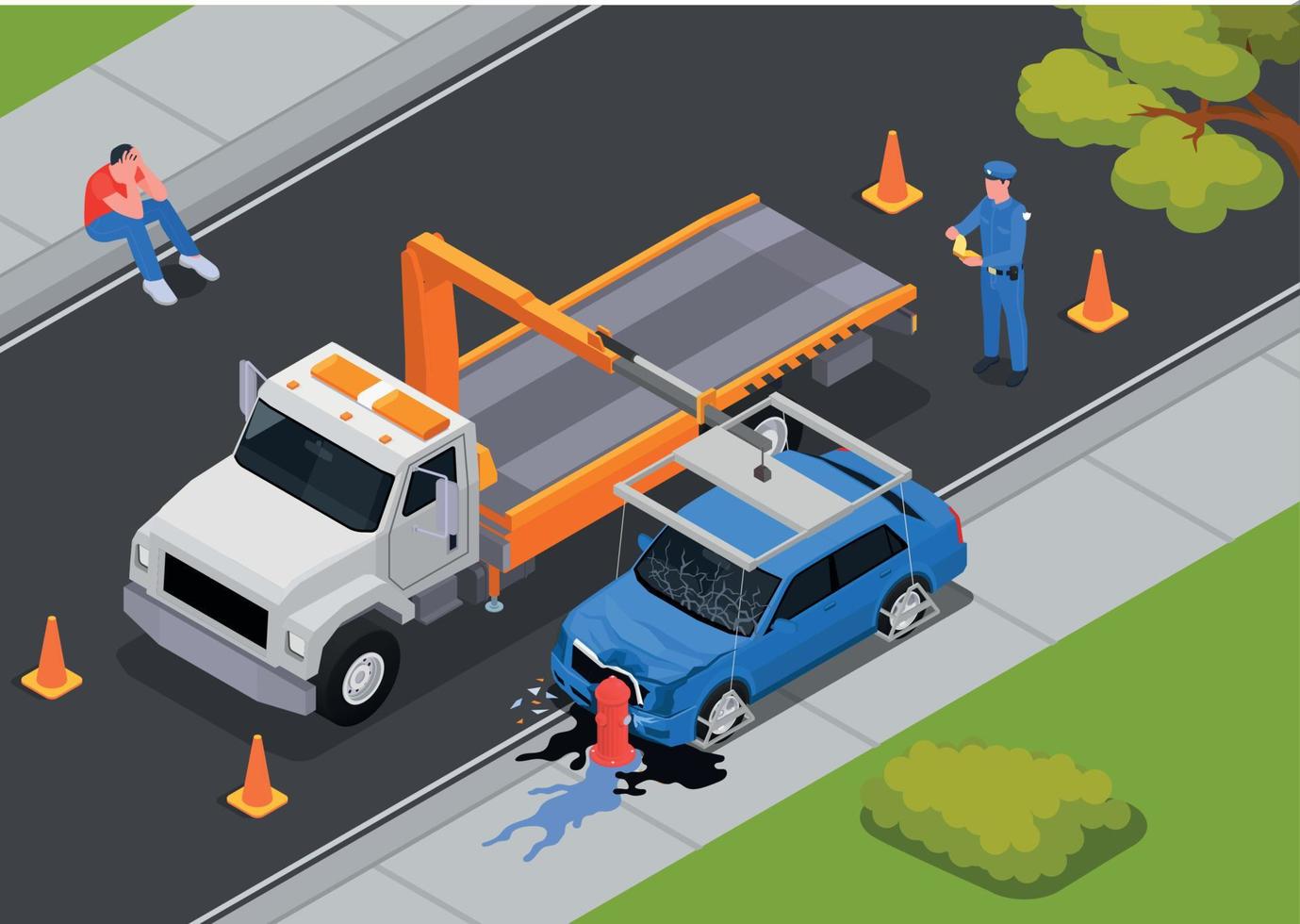 composición isométrica del accidente automovilístico vector