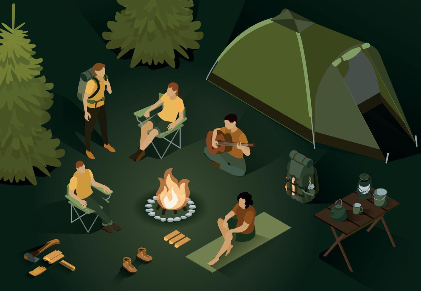 Night Camp Isometric Composition vector
