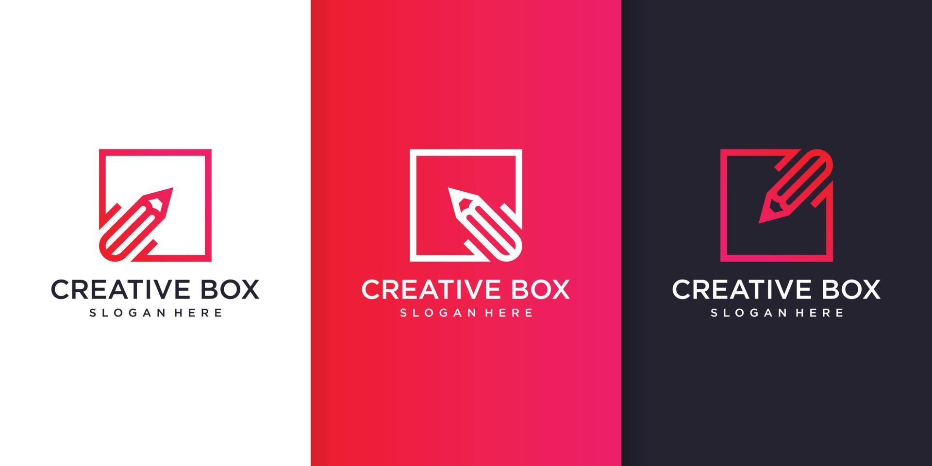 Creative box logo with pencil line art style inside Premium Vector