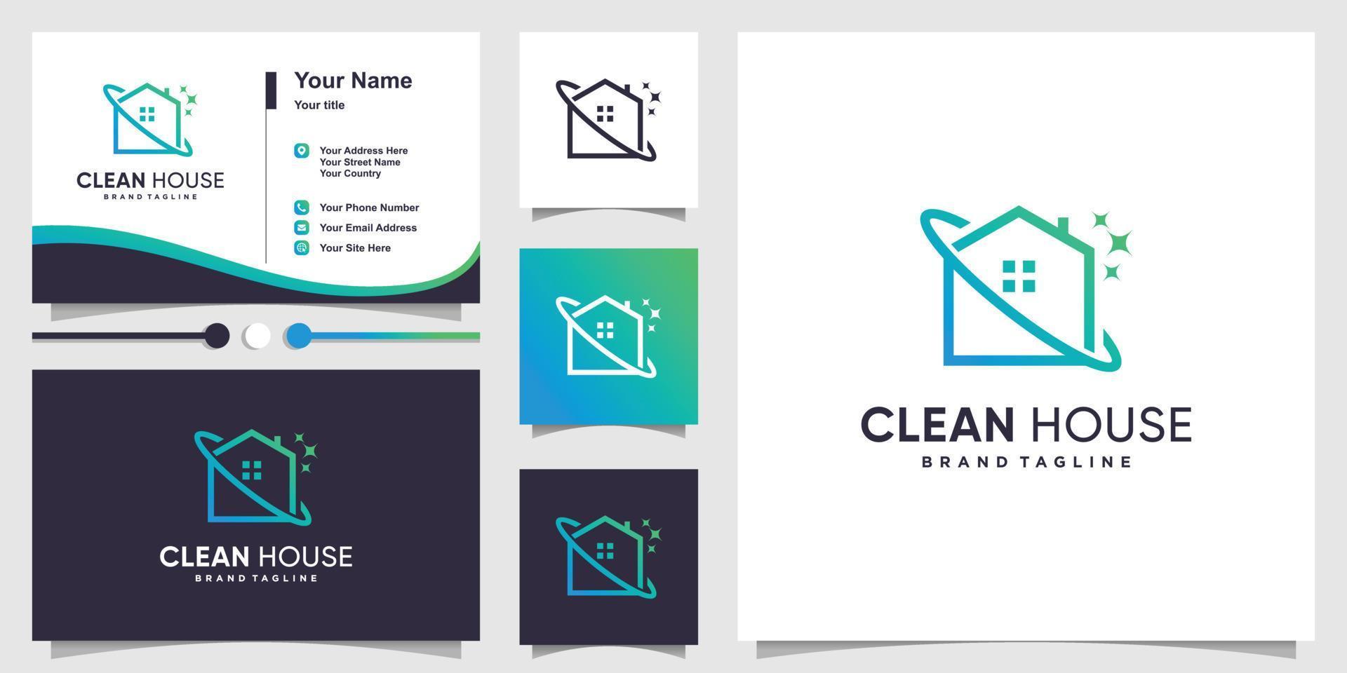 Clean house logo with modern line art style and business card design Premium Vector