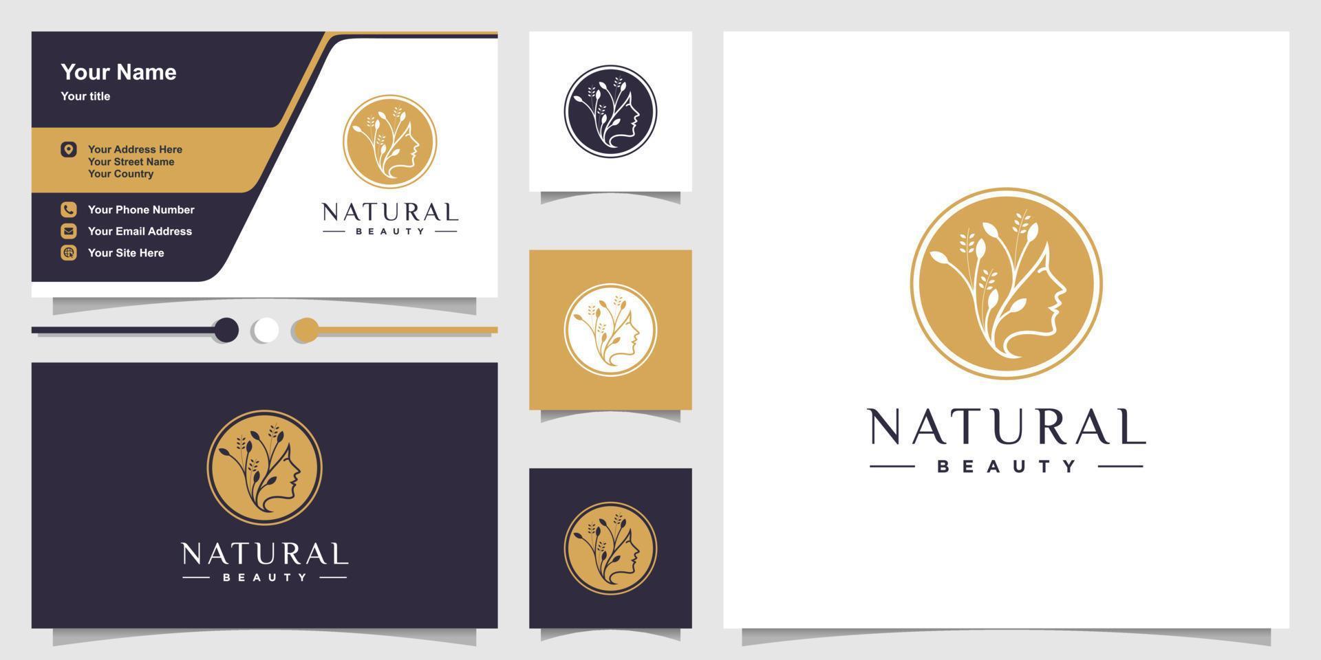 plantilla de logotipo natural con mujer de belleza y diseño de tarjeta de visita vector premium