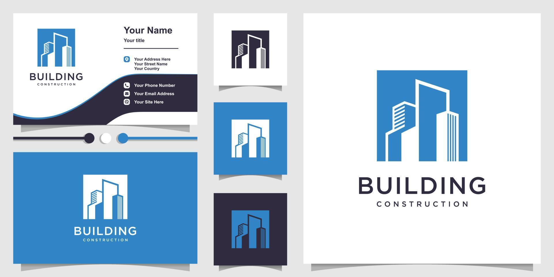 Building logo with cool silhouette concept and business card design template Premium Vector