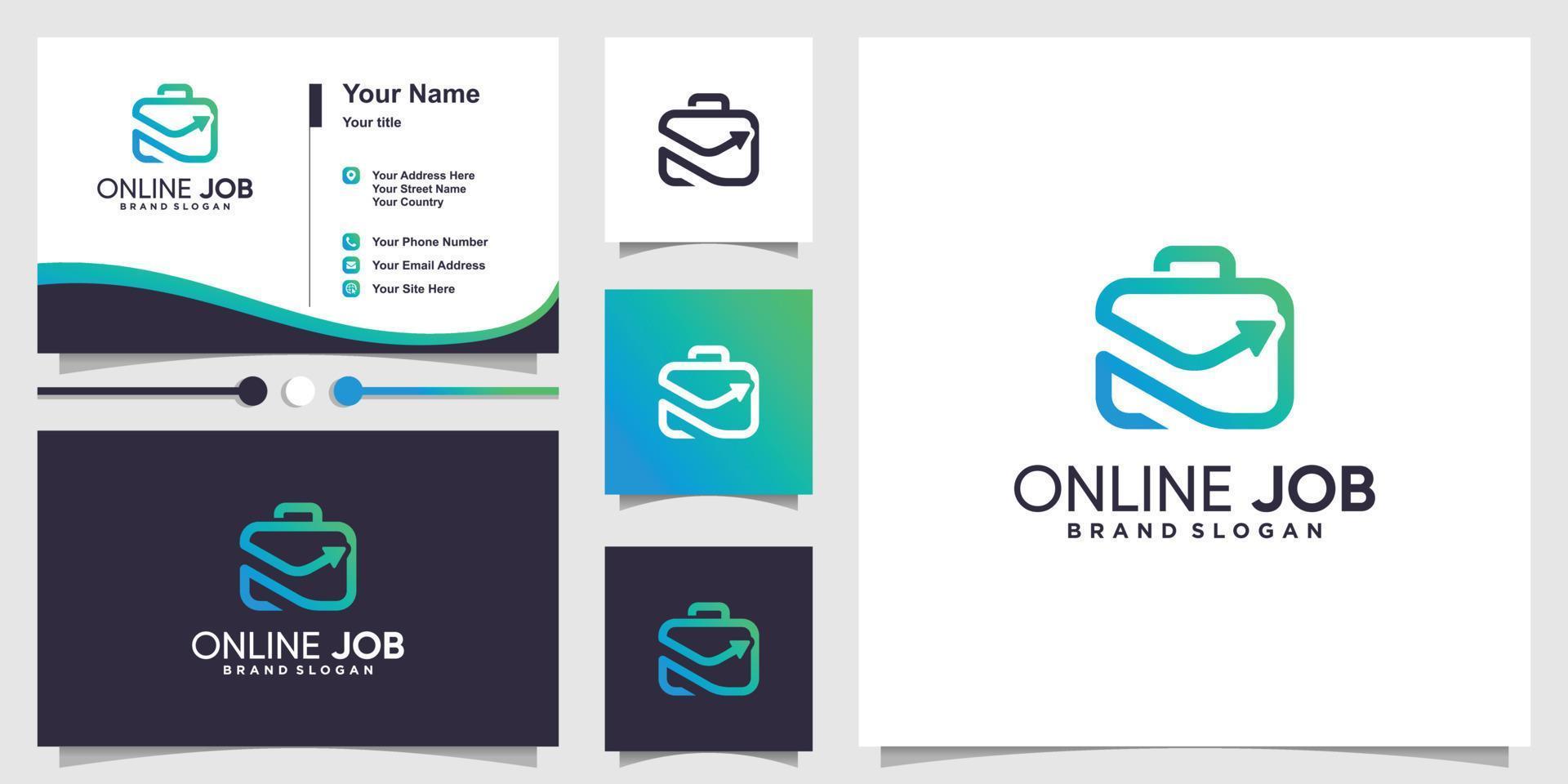 logotipo de trabajo en línea con concepto de forma única moderna y vector premium de plantilla de diseño de tarjeta de visita
