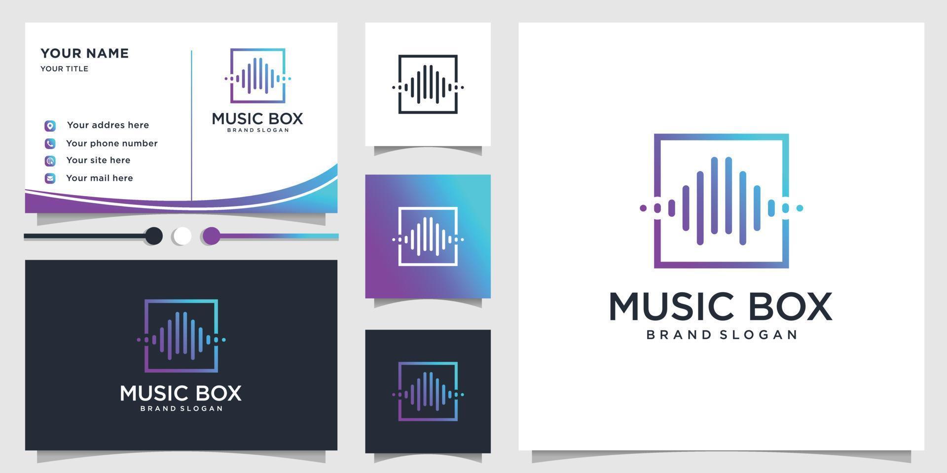 logotipo de caja de música con estilo de arte de línea degradada y plantilla de diseño de tarjeta de visita vector premium