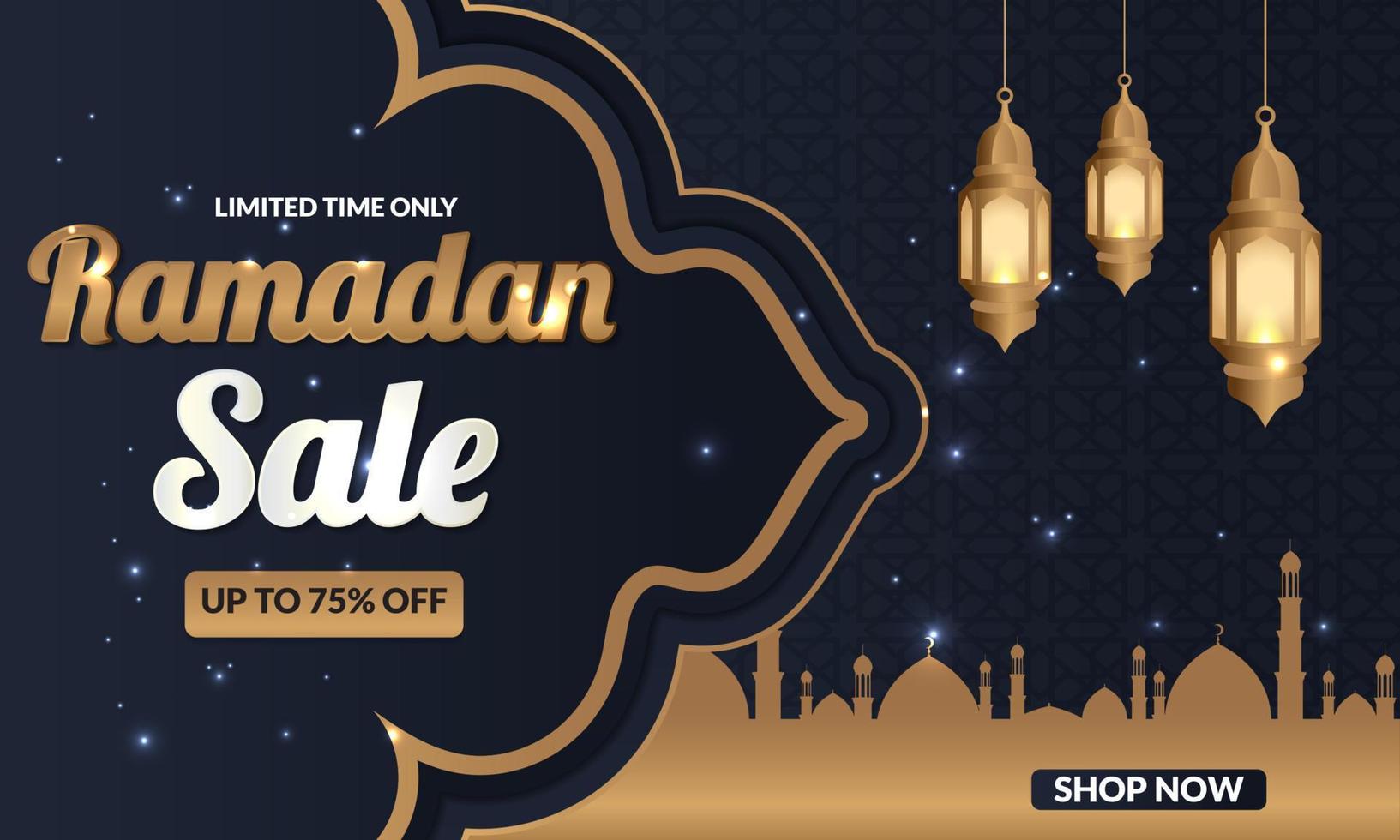 Ramadan Kareem sale offer banner design with ornament lantern moon background for promotion poster, social media template, discount, gift, voucher, web header and banner, greeting card of eid Mubarak vector