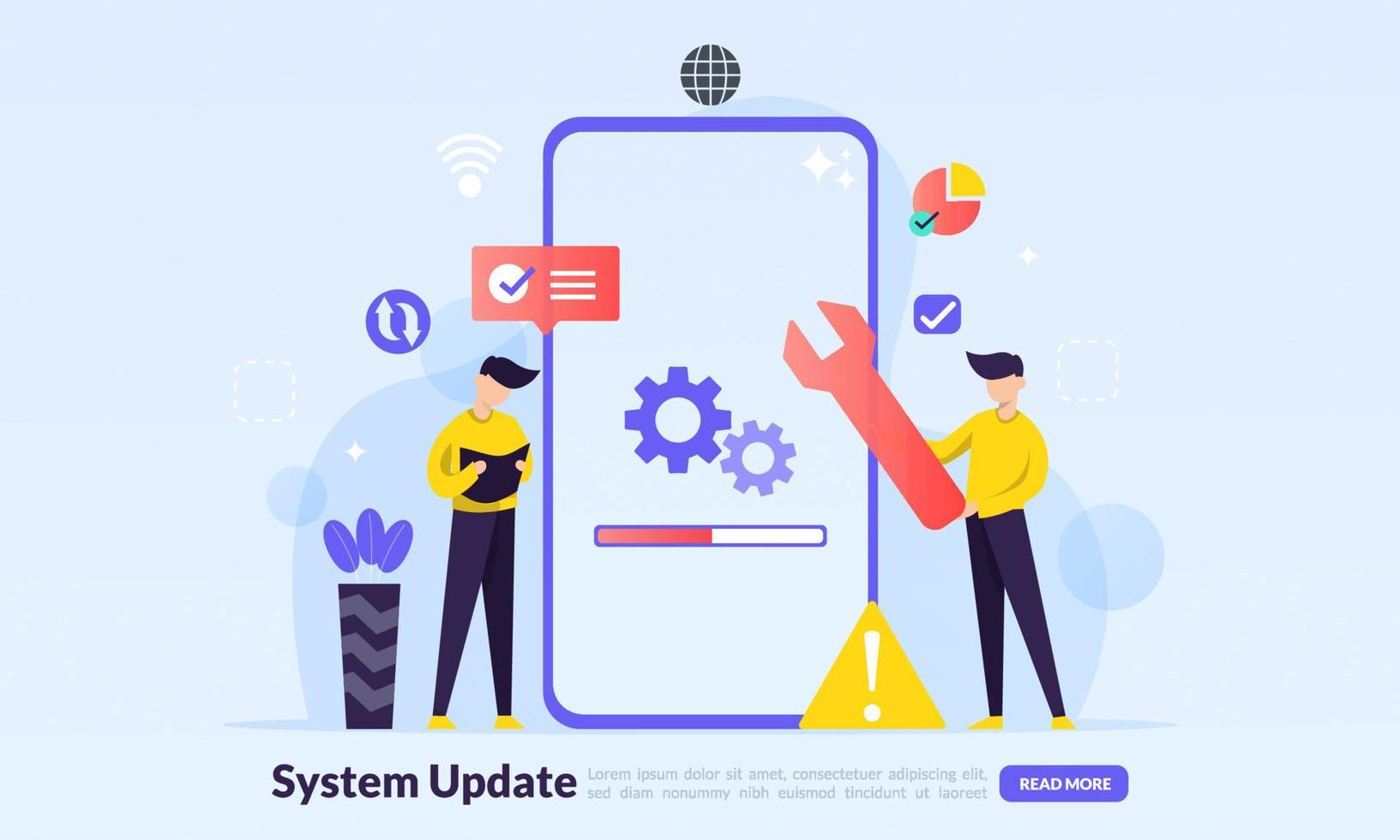 actualización del sistema mejora cambio nueva versión software. instalación de proceso de actualización, programa de actualización, instalación de red de datos, icono plano, adecuado para página de inicio web, banner, plantilla vectorial vector