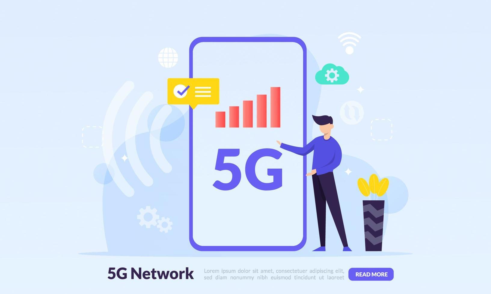 Concepto de red móvil 5g, Internet inalámbrico de telecomunicaciones de banda ancha, tecnología de tasa de datos de conexión de innovación de red global de alta velocidad, icono plano, adecuado para página de inicio web, banner, vector