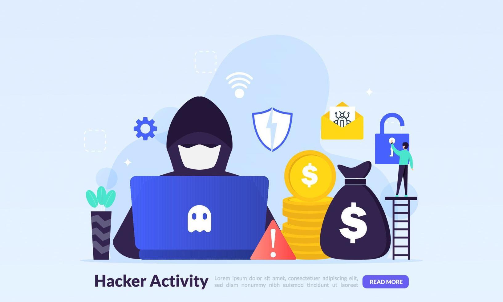 Hacker activity concept, security hacking, online theft, criminals, burglars wearing black masks, stealing personal information from computer, flat icon,suitable for web landing page, banner, vector