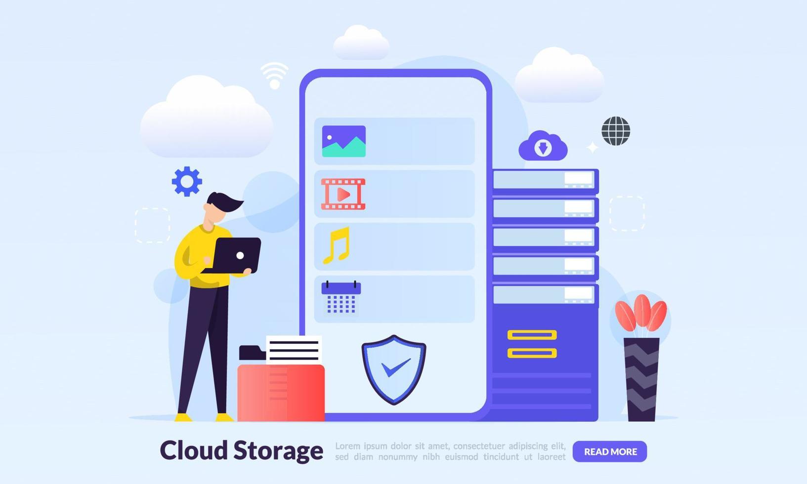 Cloud storage technology concept, Secure data upload and download, Hosting network service or online database storage system, flat icon,suitable for web landing page, banner, vector template