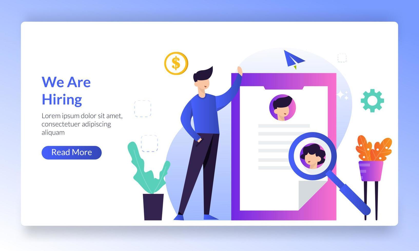 estamos contratando concepto, entrevista de trabajo en línea, reclutamiento en línea, encontrando habilidades profesionales, plantilla de página de inicio para banner, volante, ui, web, aplicación móvil, afiche vector