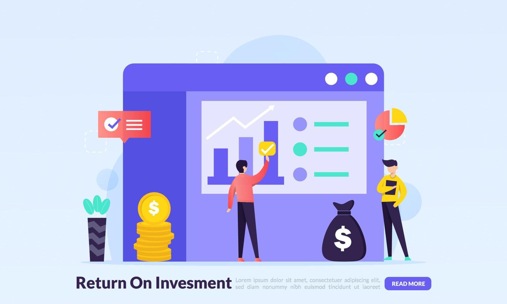 ROI, Return On Investment concept, people managing financial chart, profit income, landing page template for banner, flyer, ui, web, mobile app, poster vector