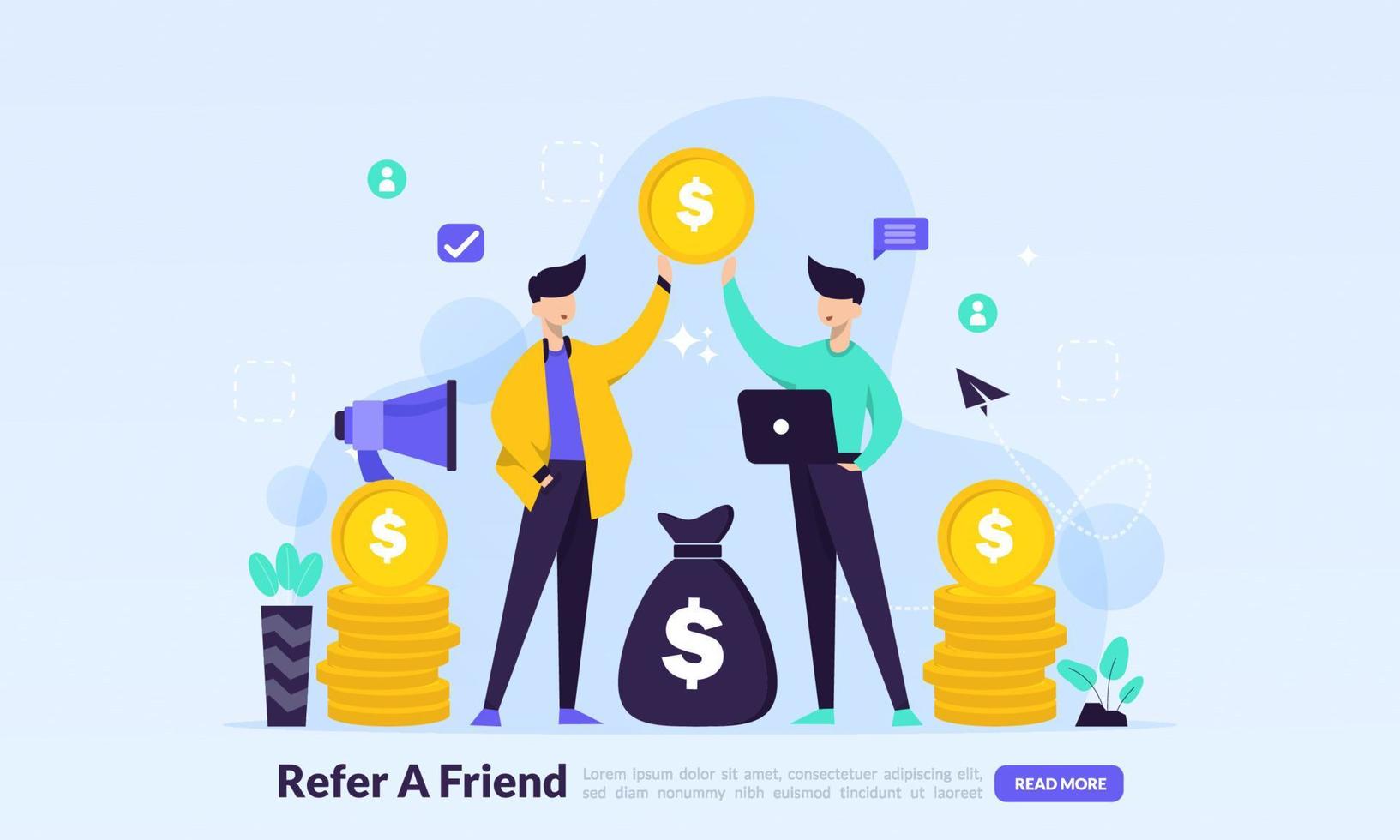 las personas comparten información sobre referencias y ganan dinero. refiera un concepto de amigo, marketing de afiliados, plantilla de página de inicio para banner, volante, ui, web, aplicación móvil, póster vector