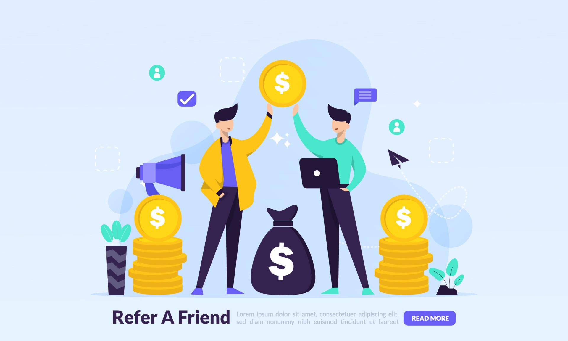 People share info about referral and earn money. Refer A Friend Concept