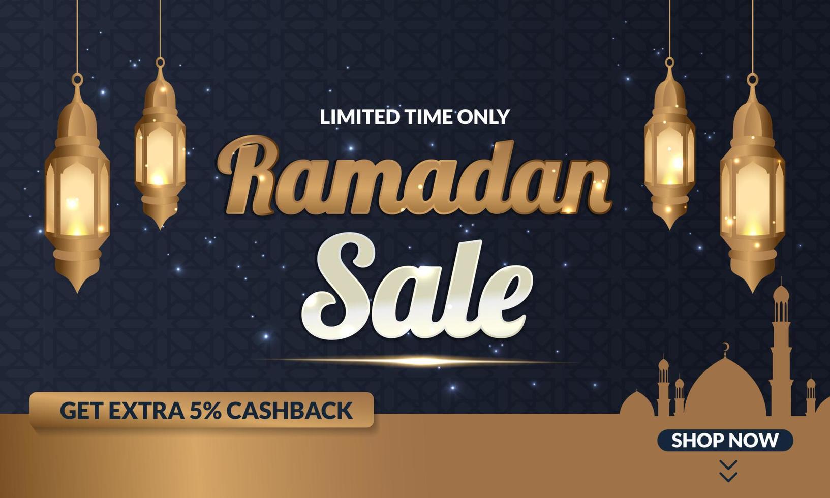 Ramadan Kareem sale offer banner design with ornament lantern moon background for promotion poster, social media template, discount, gift, voucher, web header and banner, greeting card of eid Mubarak vector