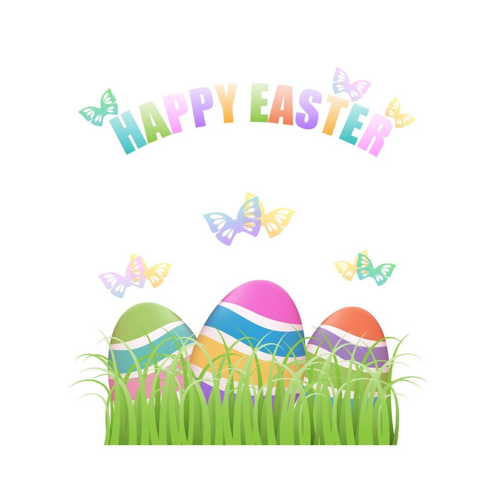 Easter eggs hiding in grass with butterflies on white background vector