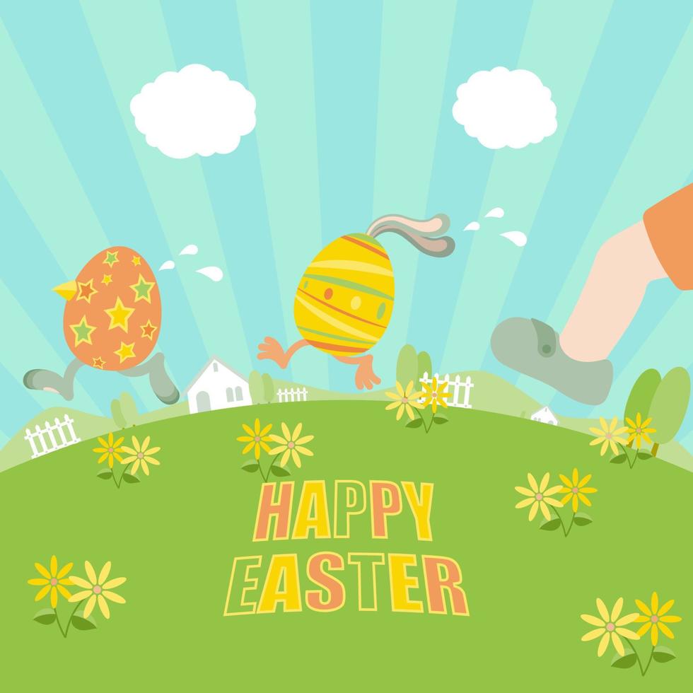 Easter eggs running away from a boy's leg vector