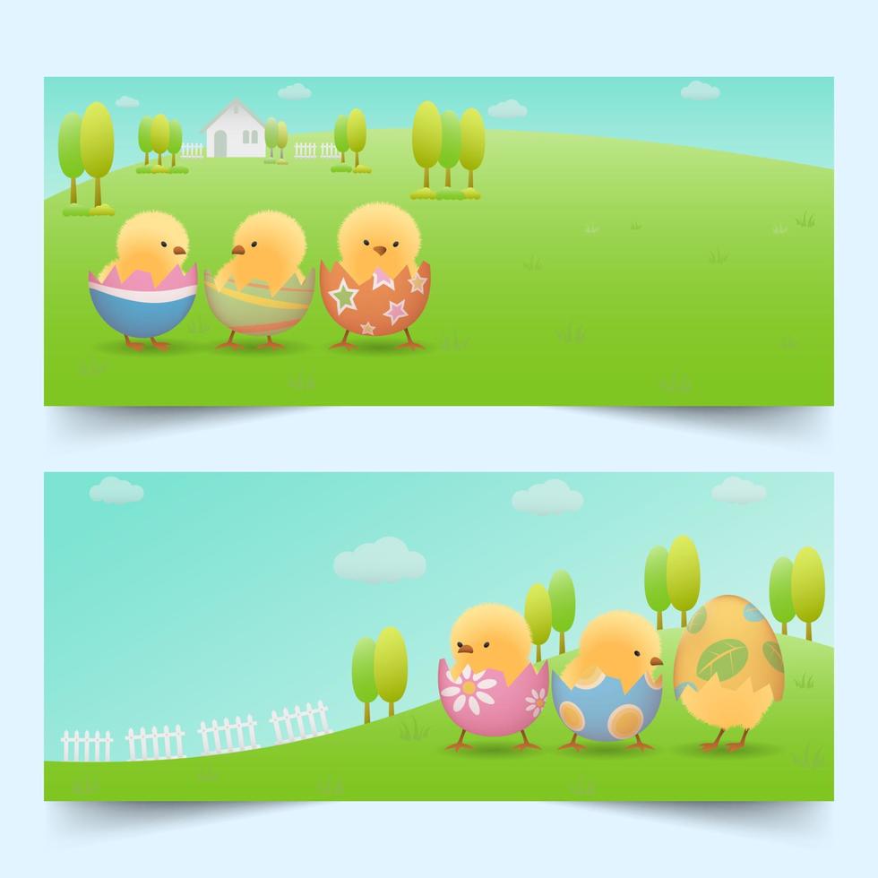 pollitos de pascua en huevos rotos en pancartas de pendiente vector