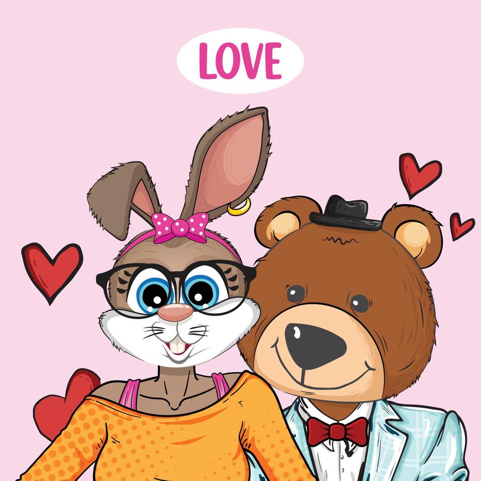 bunny bear cuple. Bear and bunny the lovers vector illustration cartoon isolated on white background. Cute valentine vector cartoon. Bear hug rabbit sweet pastel cartoon.