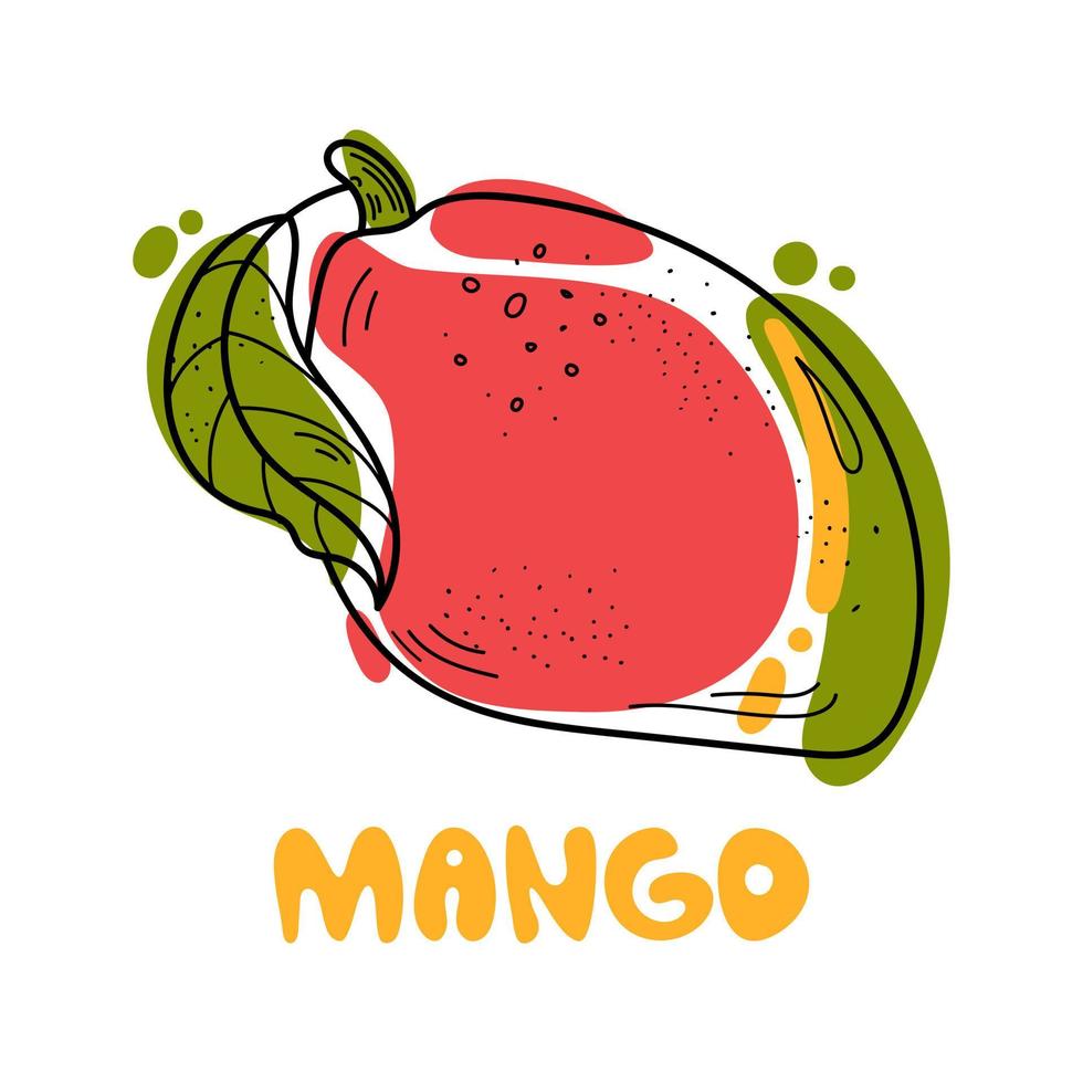 Colorful mango illustration and hand written lettering isolated on white background. Doodle style element for menu and kitchen design. vector