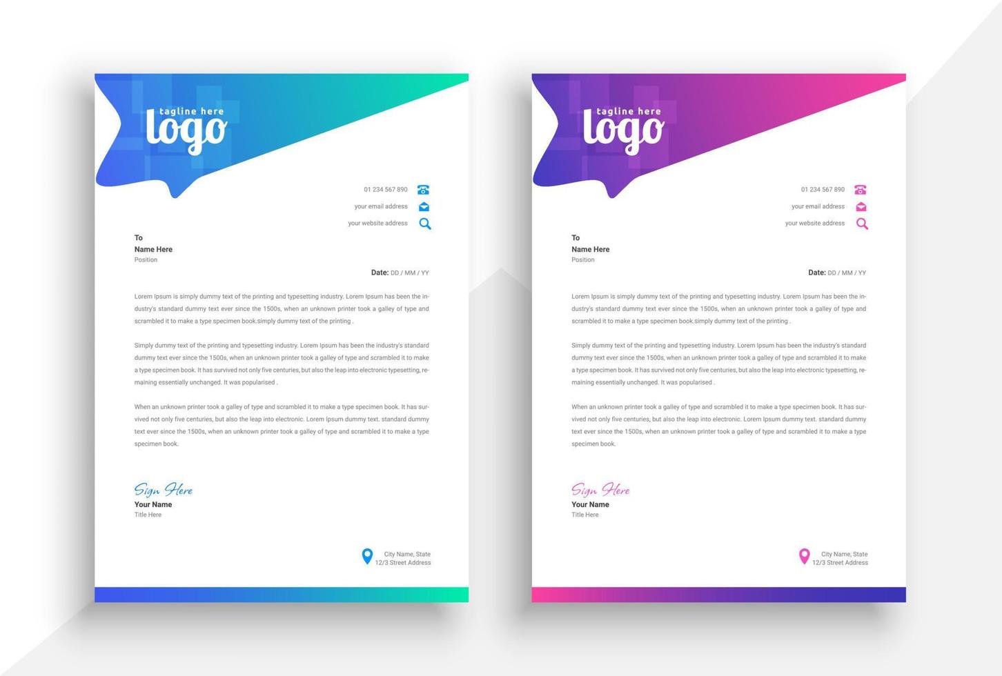 Modern company letterhead. Business letterhead with gradient color concept. Creative, clean corporate identity. vector