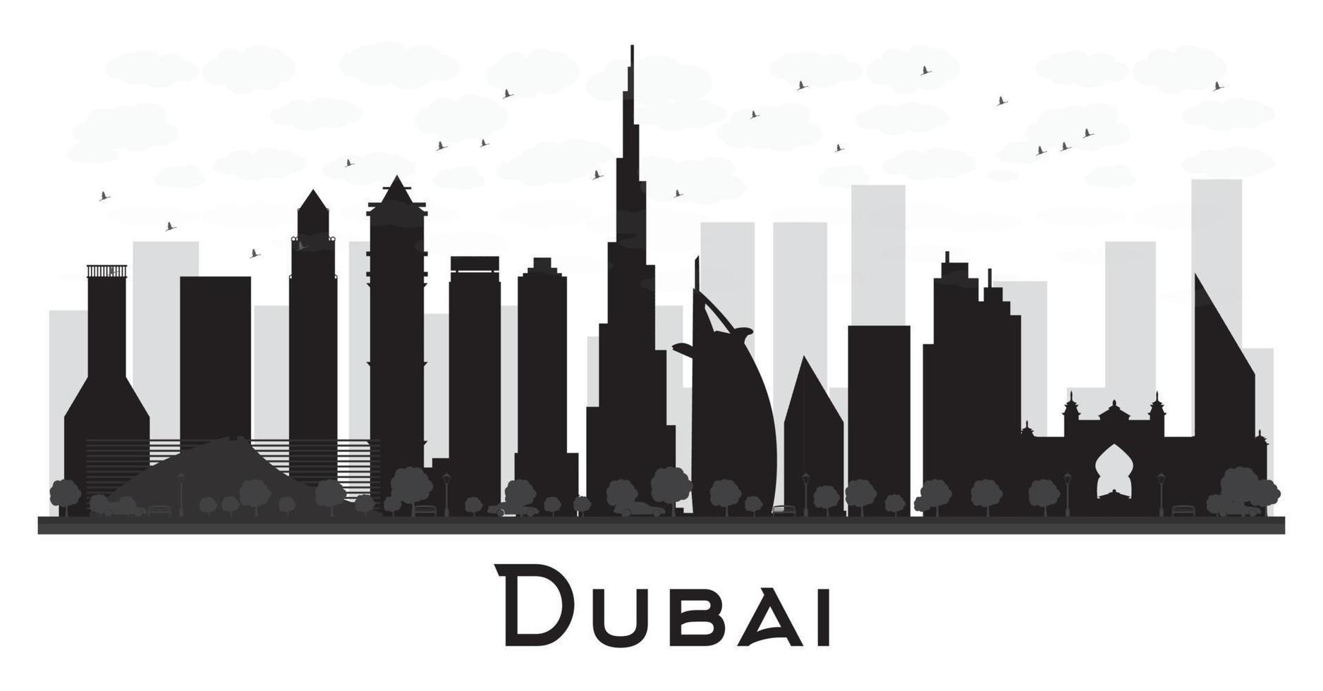 Dubai City skyline black and white silhouette. vector