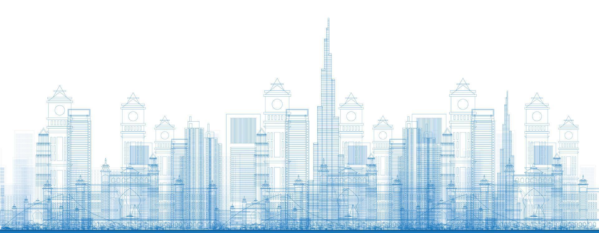 Outline Dubai City Skyscrapers in blue color. vector