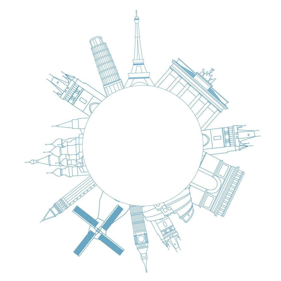 Vector illustration of travel famous monuments of Europe.