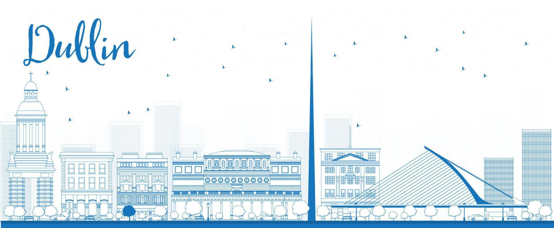 Outline Dublin Skyline with Blue Buildings, Ireland. vector