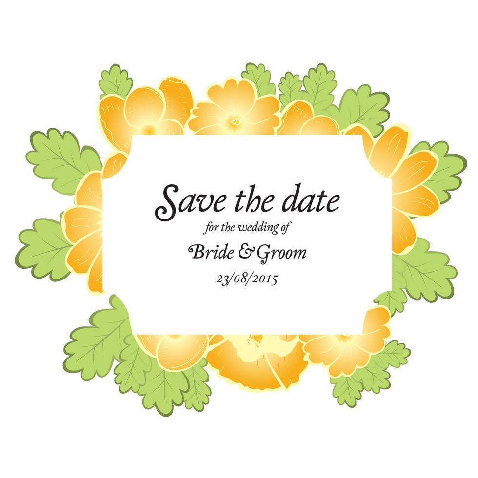 Save the date wedding invite card template with golden flowers. vector