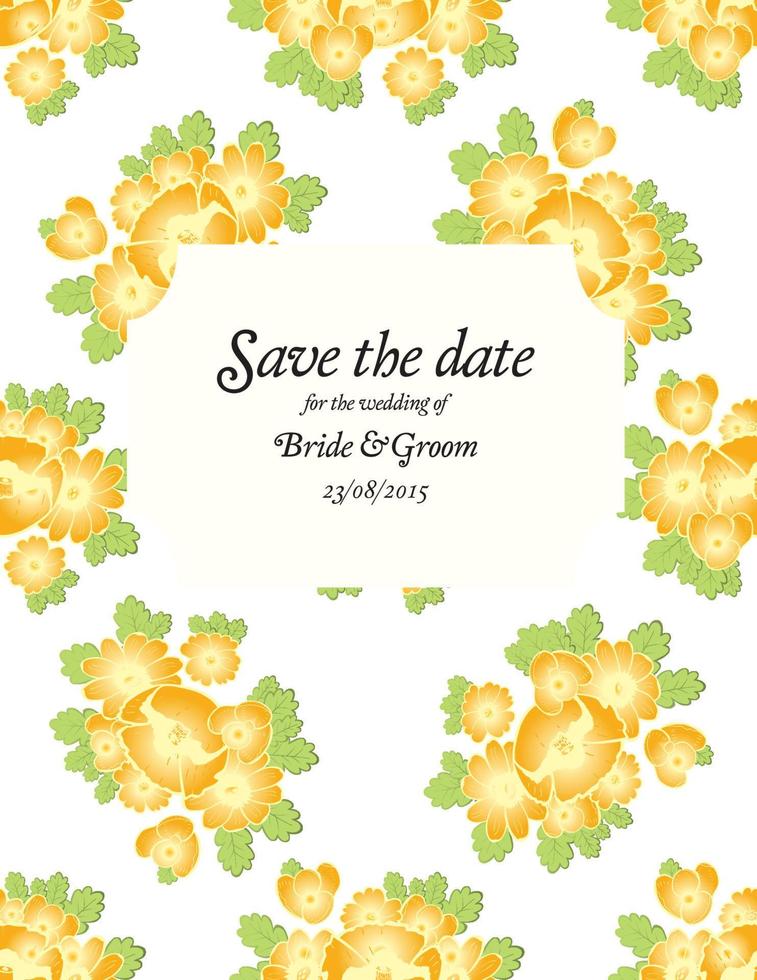 Save the date wedding invite card template with golden flowers. vector