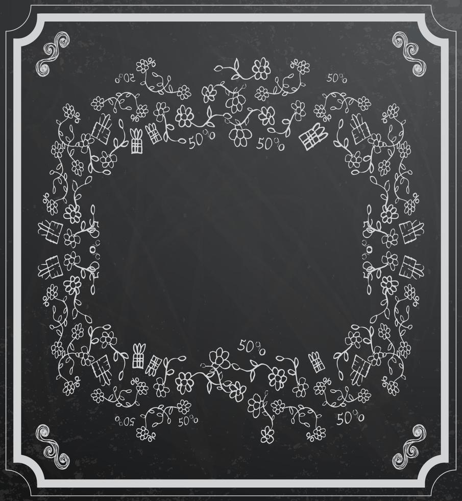 Flower frame on black chalkboard. vector