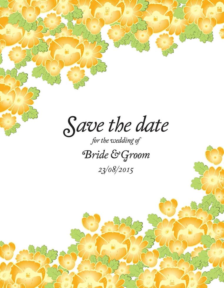 Save the date wedding invite card template with golden flowers. vector