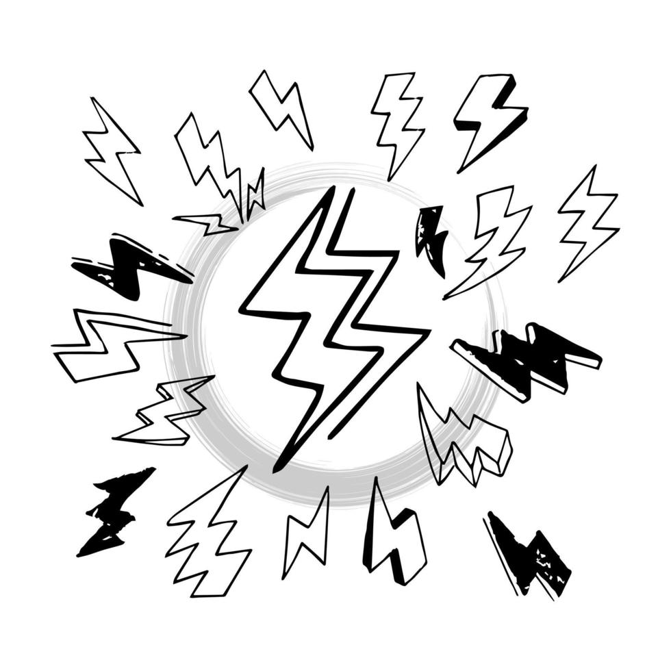 set of hand drawn vector doodle electric lightning bolt symbol sketch illustrations. thunder, vector ilustration